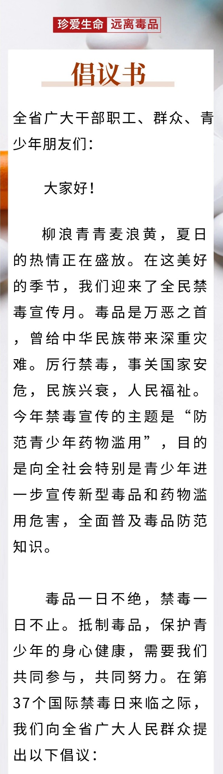 禁毒宣传月 | 远离毒品倡议书